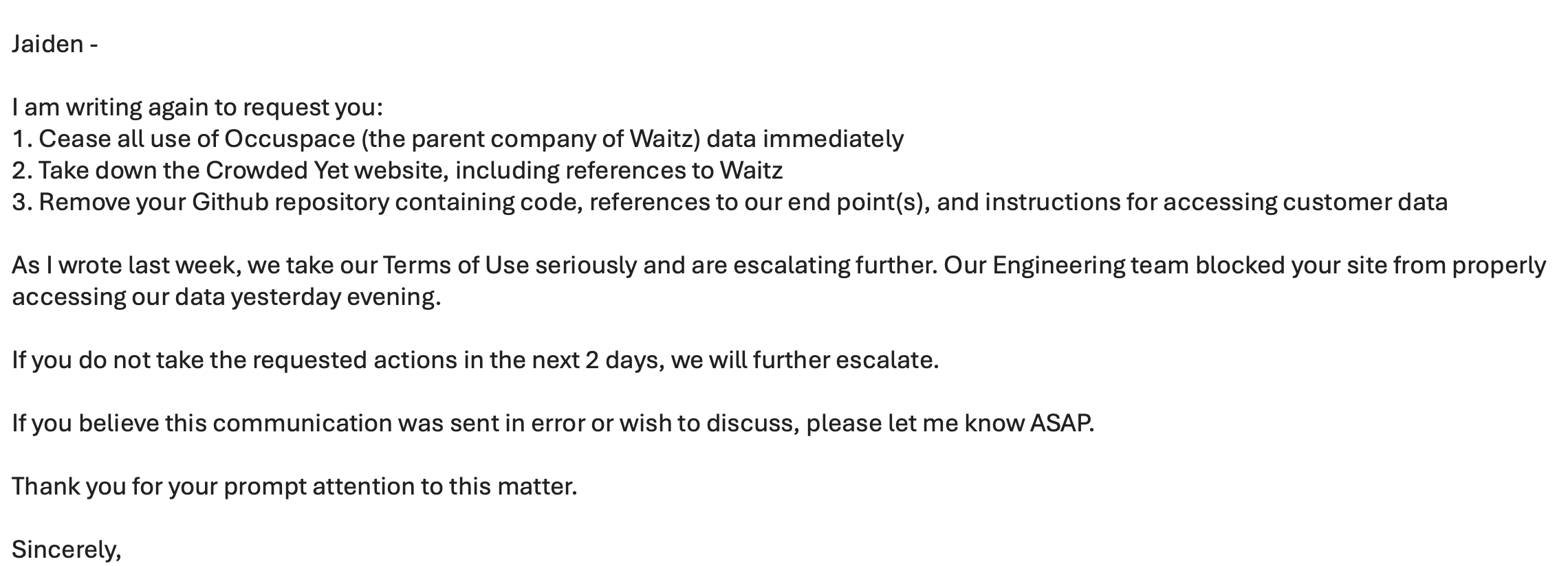 Follow-up cease and desist letter from Waitz.io